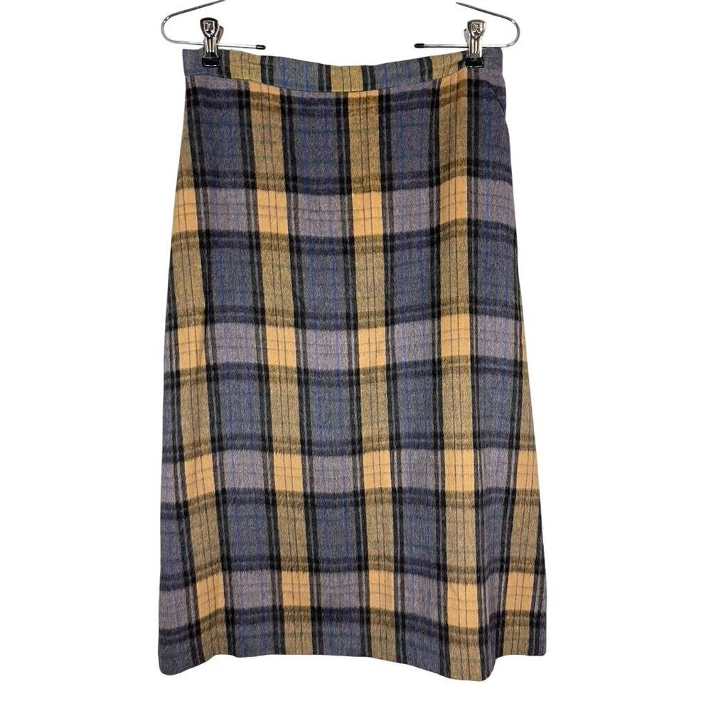 Vtg Cashmere Scottish Tartan Wrap Skirt S Yellow Midi Check Old Money Preppy 70s